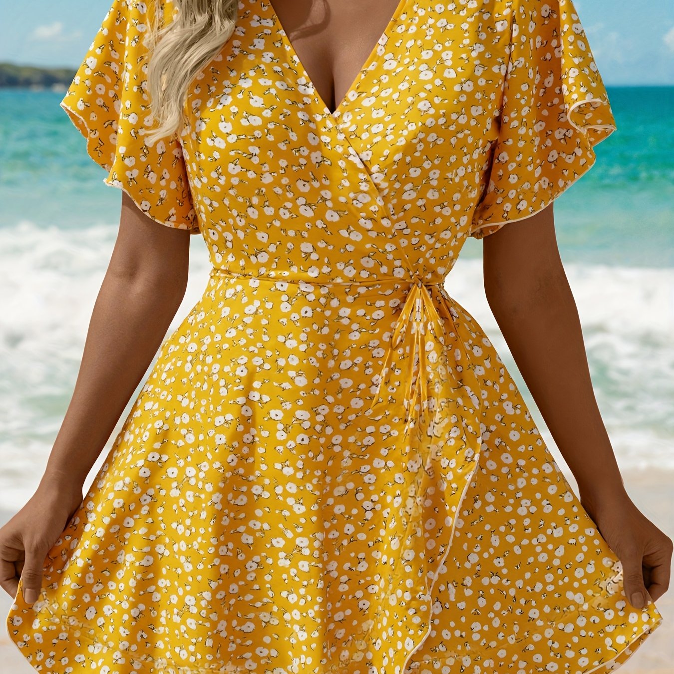 Robe longue à ourlet volanté et col croisé pour femme