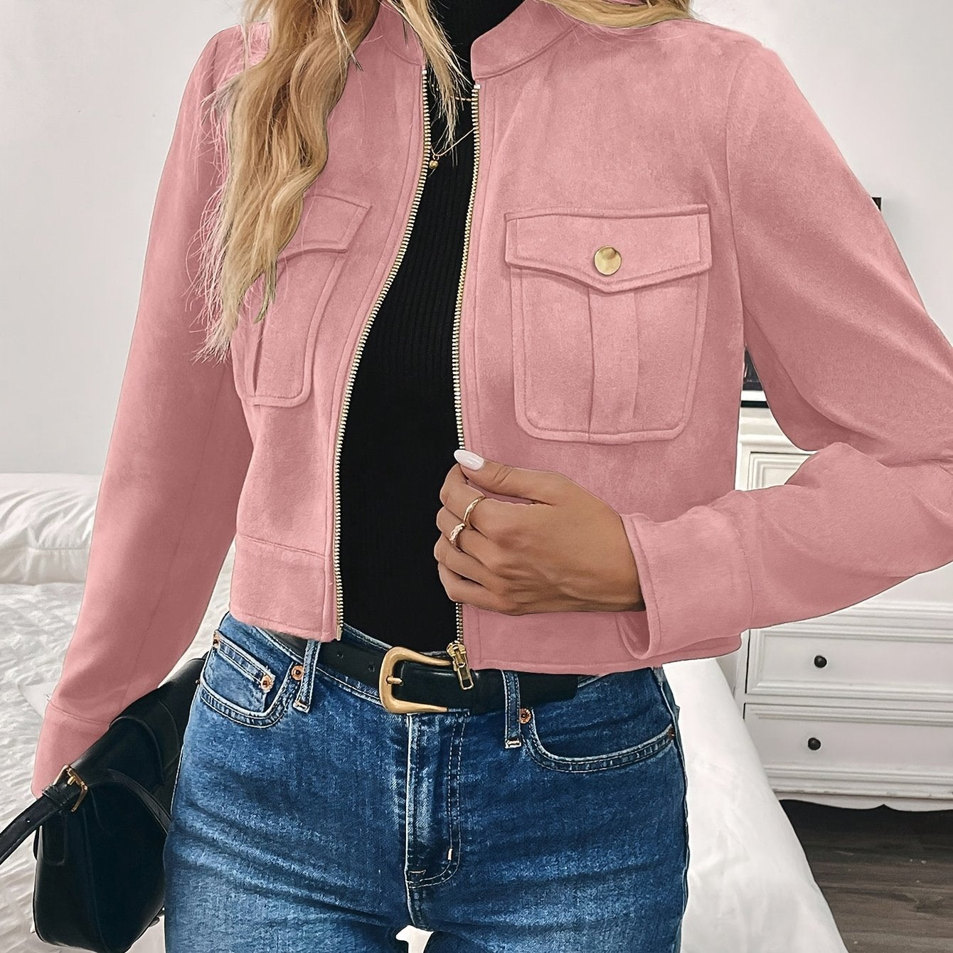 Veste mode en suédine pour femme à col montant