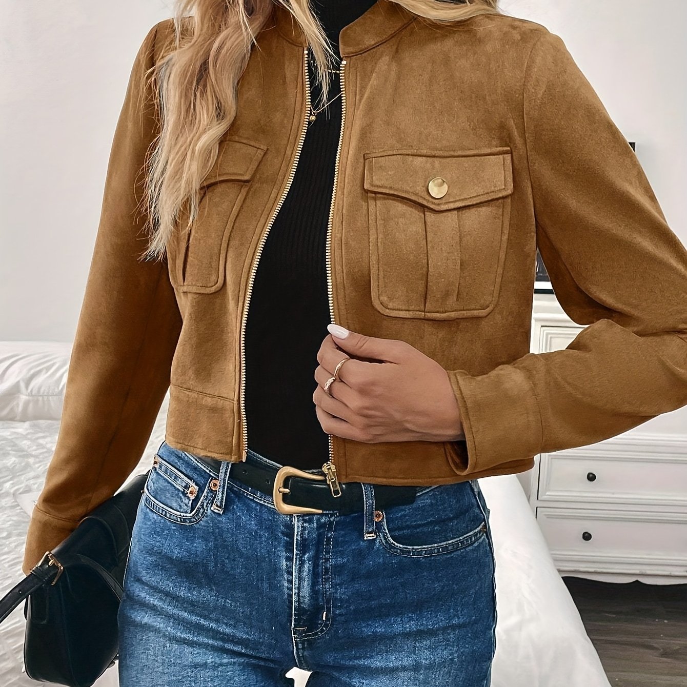 Veste mode en suédine pour femme à col montant