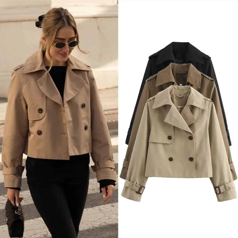 Veste trench courte vintage à double boutonnage pour femme